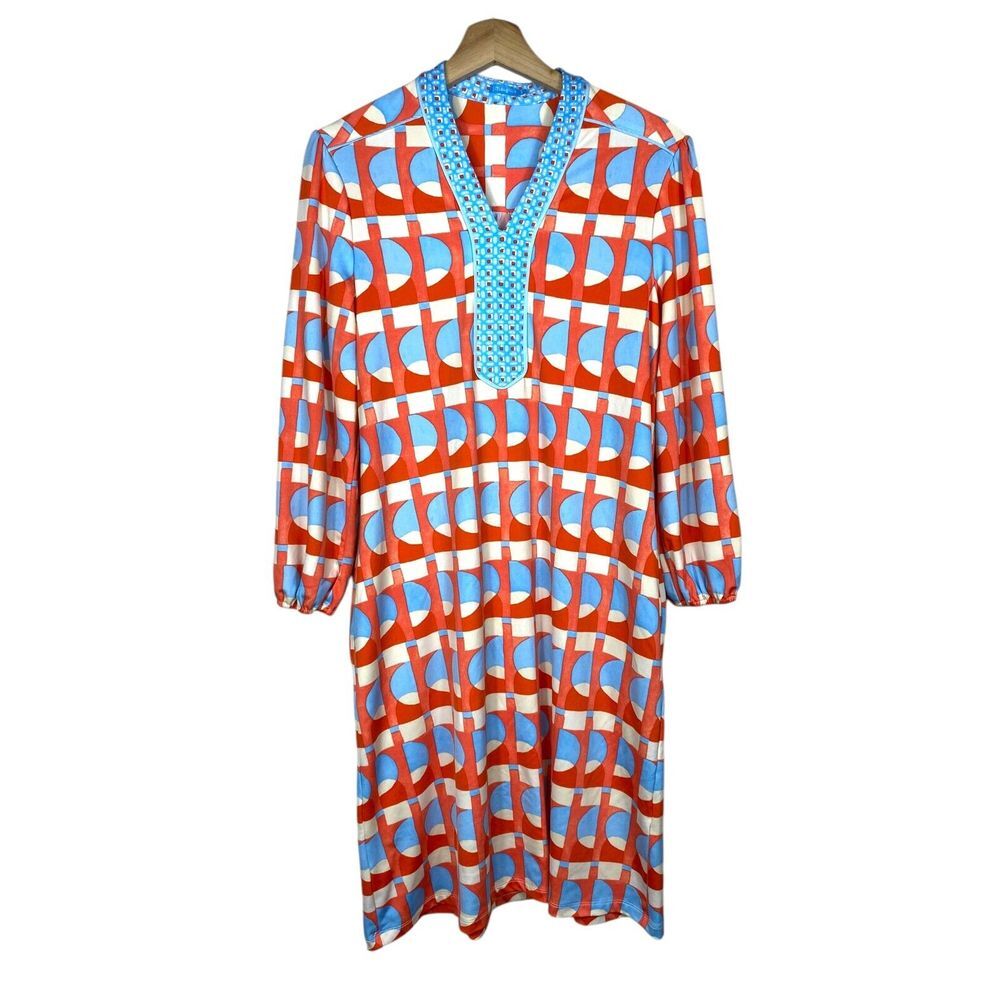 J. McLaughlin Women Catalina Cloth Blue Red Geometric Shift Dress Sz S Artsy